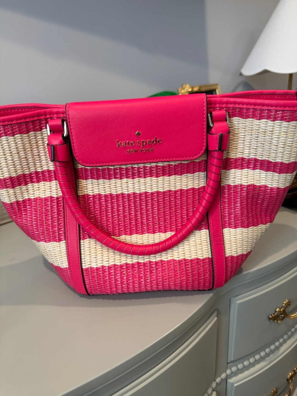 NWT kate spade Hot Pink and Cream Striped Woven Tote